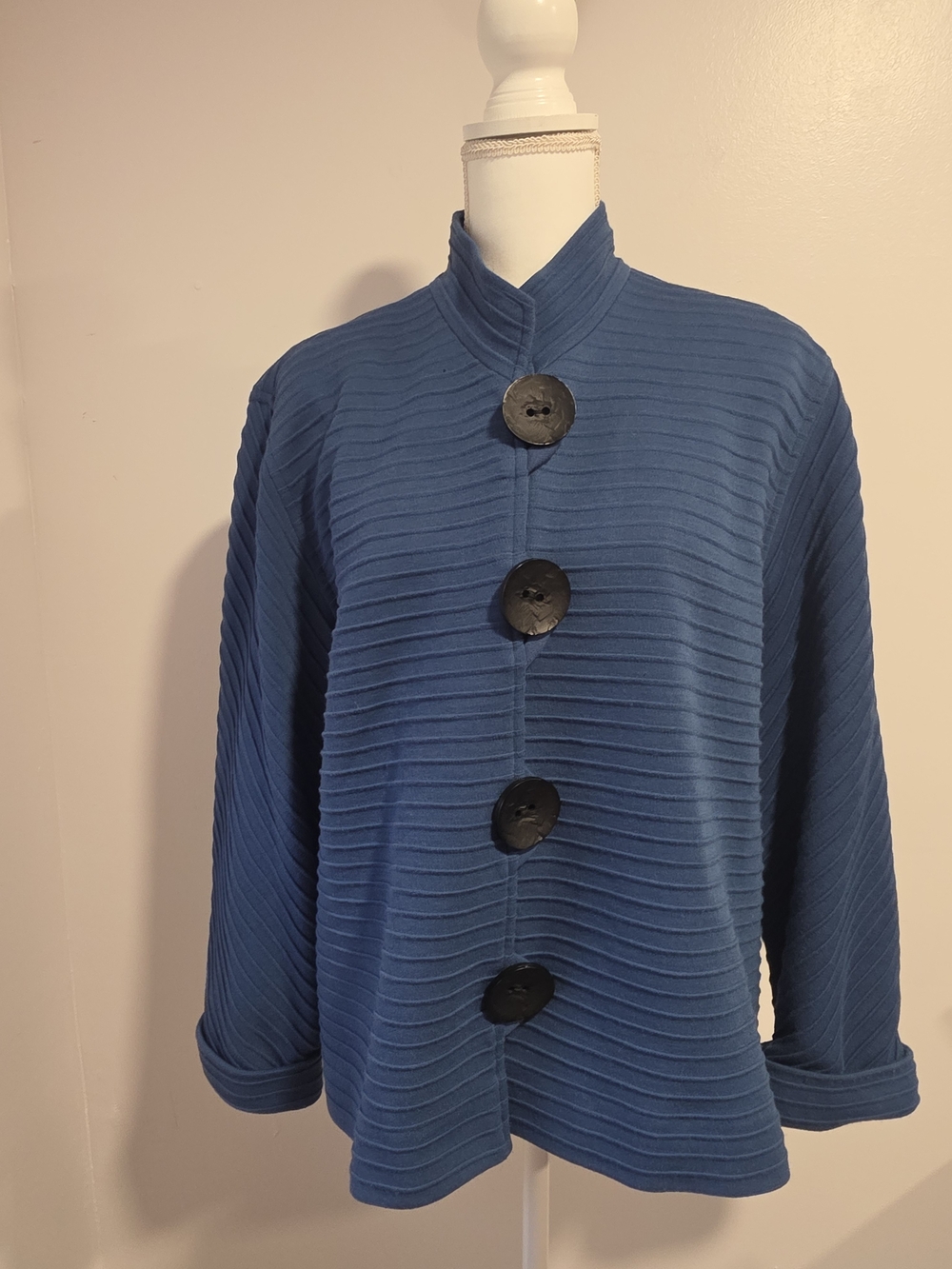 Caroline Rose 100% Wool Women's Textured Blue Button-Front Blazer Jacket Size L